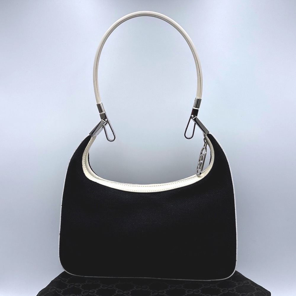 Gucci Vintage Tom Ford Era Black Canvas Purse Ivory Leather Hobo Shoulder Bag - Picture 3 of 16
